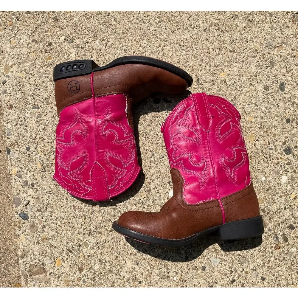 Roper Little Girls' Light-Up Western Boots Round Toe Pink Brown Sz 10 Kids